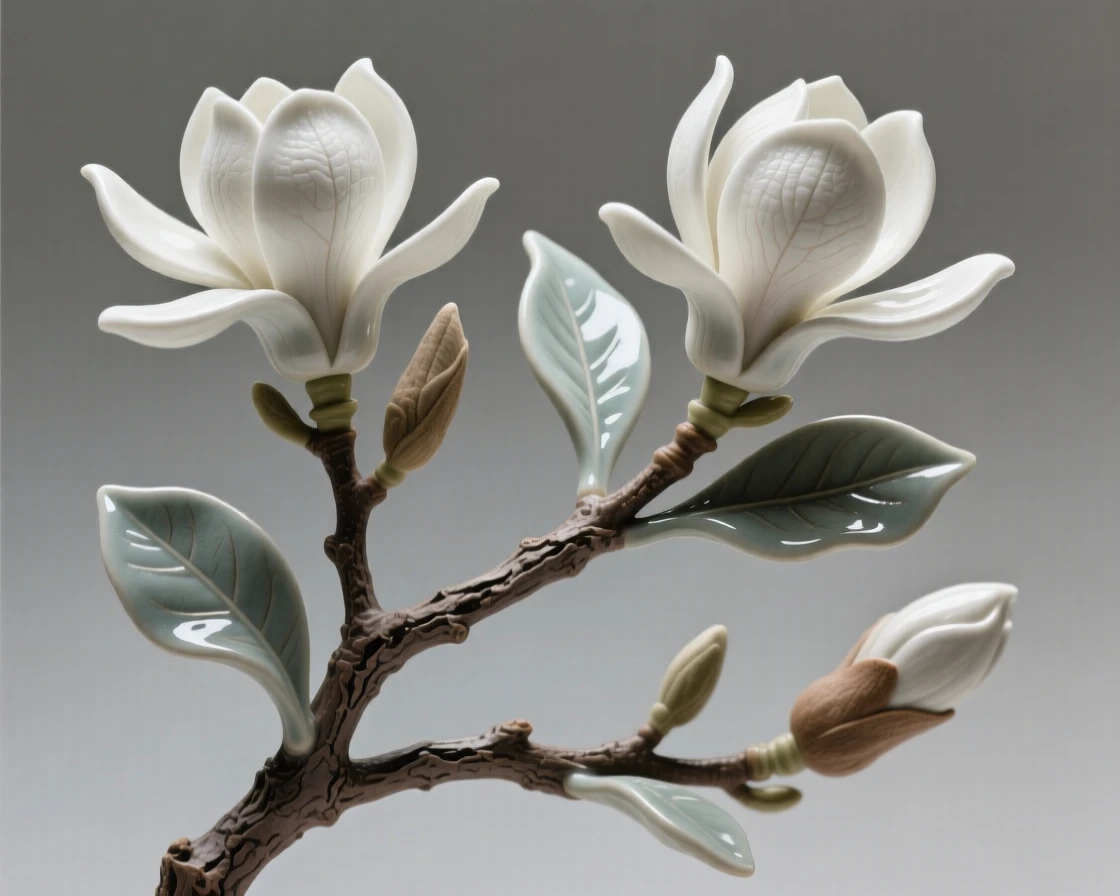 A blooming magnolia branch reaching skyward caught mid-sway in a gentle breeze, with veins tracing intricate natural patterns, stirring feelings of peace and gentle growth.