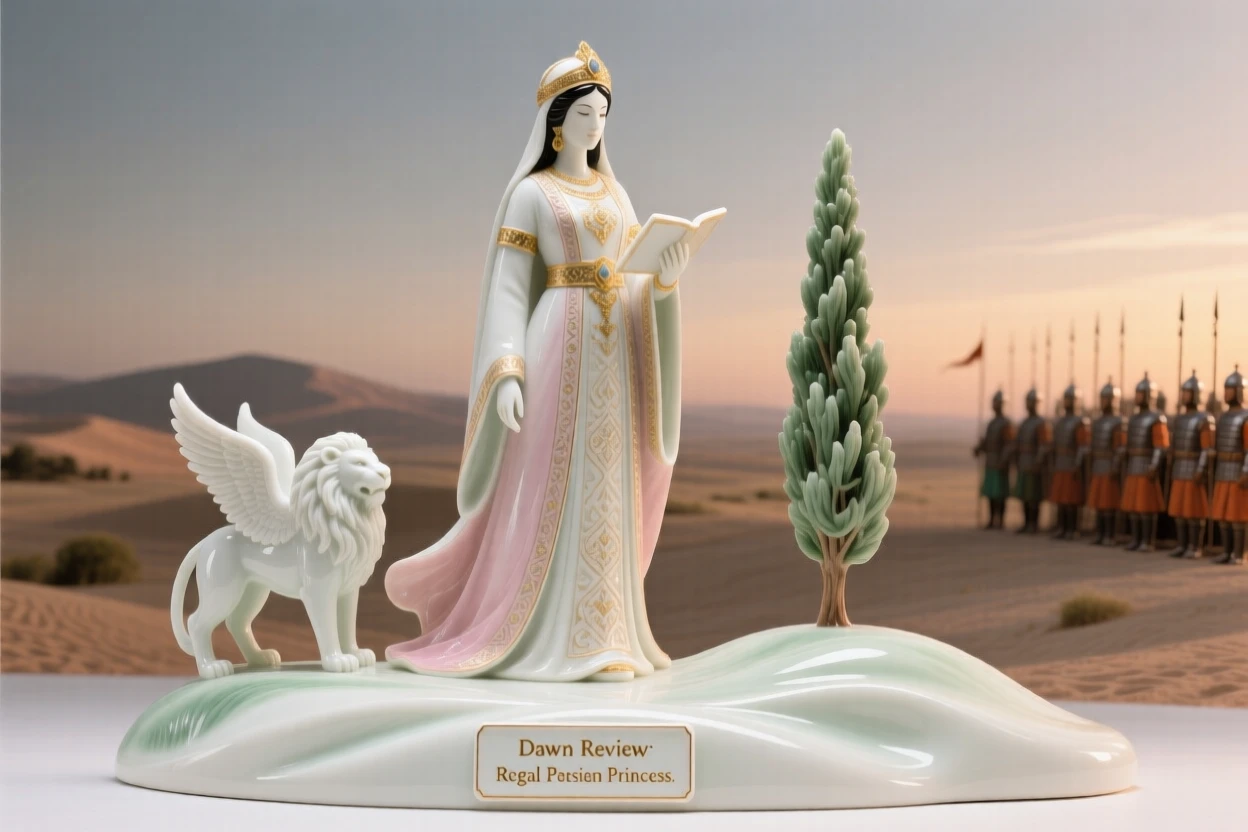 A regal Persian princess reviewing troops at dawn, flanked by symbols of ancient power.