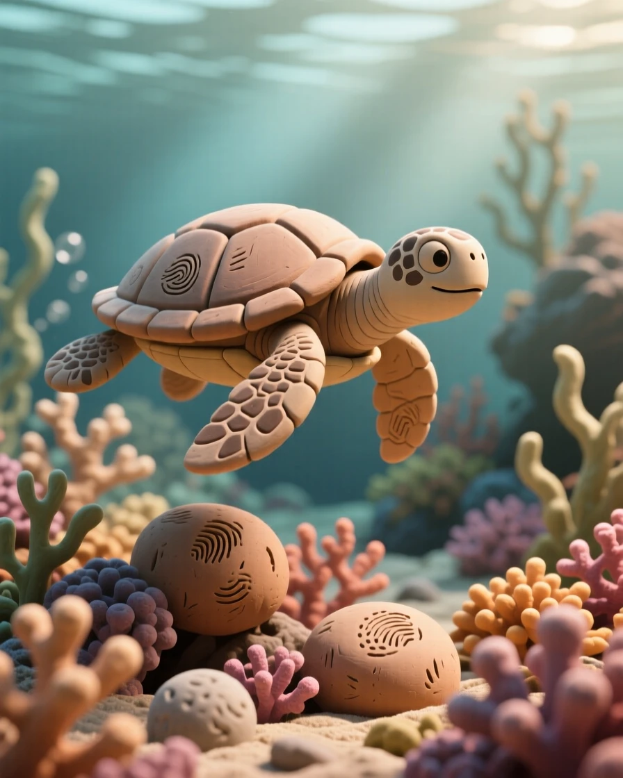 A sea turtle gliding gracefully over a coral reef bathed in light