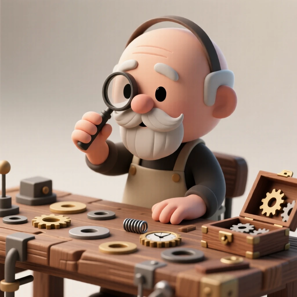 A wise old watchmaker examines tiny gears through a jeweler's loupe at a cluttered antique workbench.