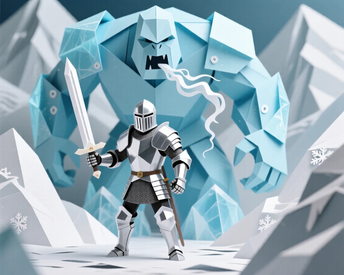 A knight in gleaming armor standing before a colossal ice giant in a frozen mountain pass, breath visible in the cold air, capturing tension and epic scale.