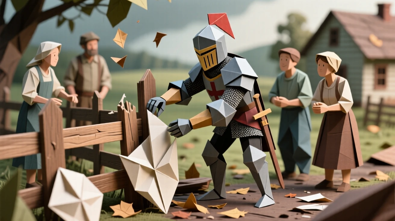 A knight character helping villagers repair a fence after a storm, sleeves rolled up.