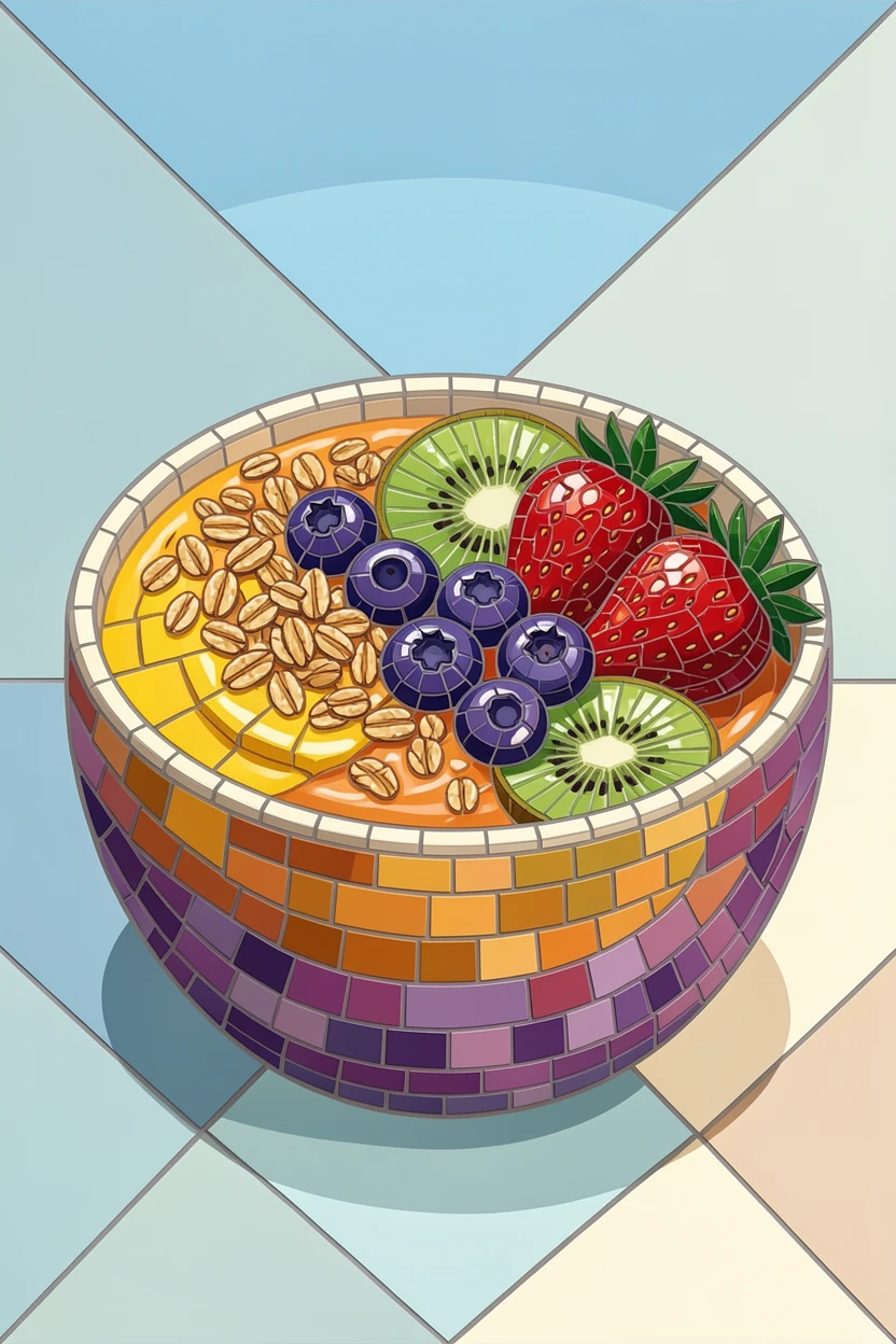 A close-up gourmet food photograph of a colorful bowl of fresh tropical smoothie topped with granola and fruit, with rich color and inviting texture.
