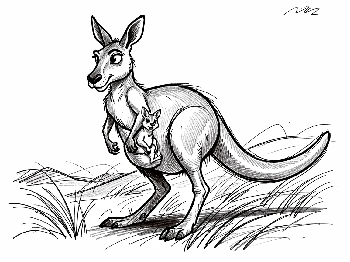 A kangaroo with a joey in its pouch on a windswept tundra.