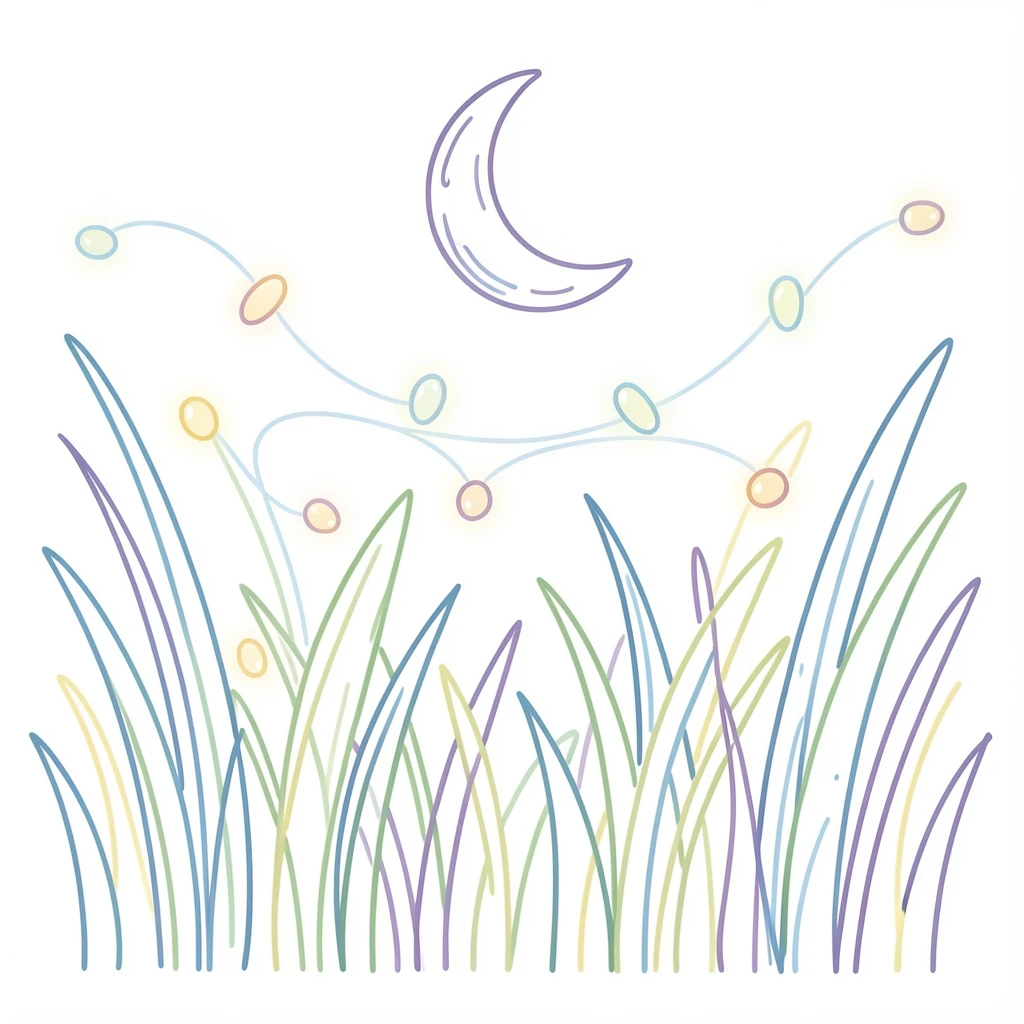 A moonlit meadow with fireflies glowing softly above tall grass.