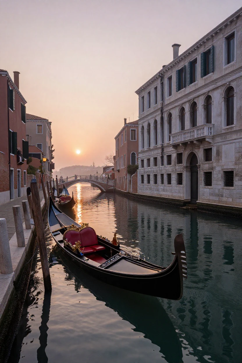 Venice's canals lined with gondolas at dawn