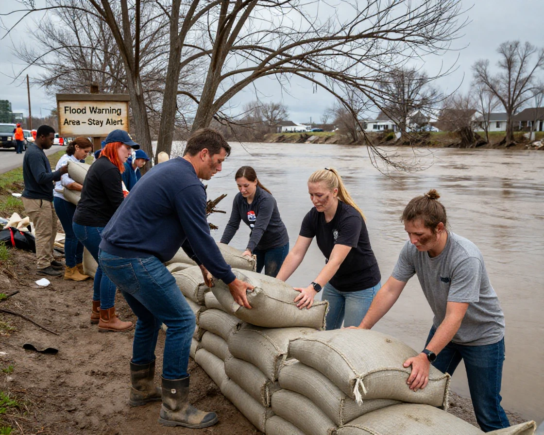 A crew loads sandbags along a riverbank ahead of rising floodwaters.