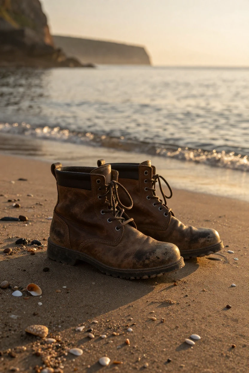 A pair of worn leather boots placed gently on a sandy shore, quietly telling its own small story