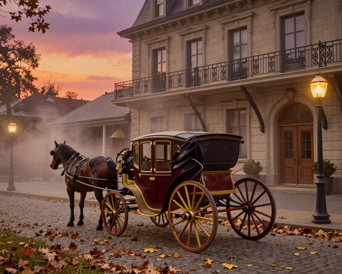 An antique horse-drawn carriage waiting outside a grand old hotel, under a glowing sunset sky, as mist rises off the ground, in the mild days of early autumn, with rich burgundy and gold accents, from a wide establishing view.
