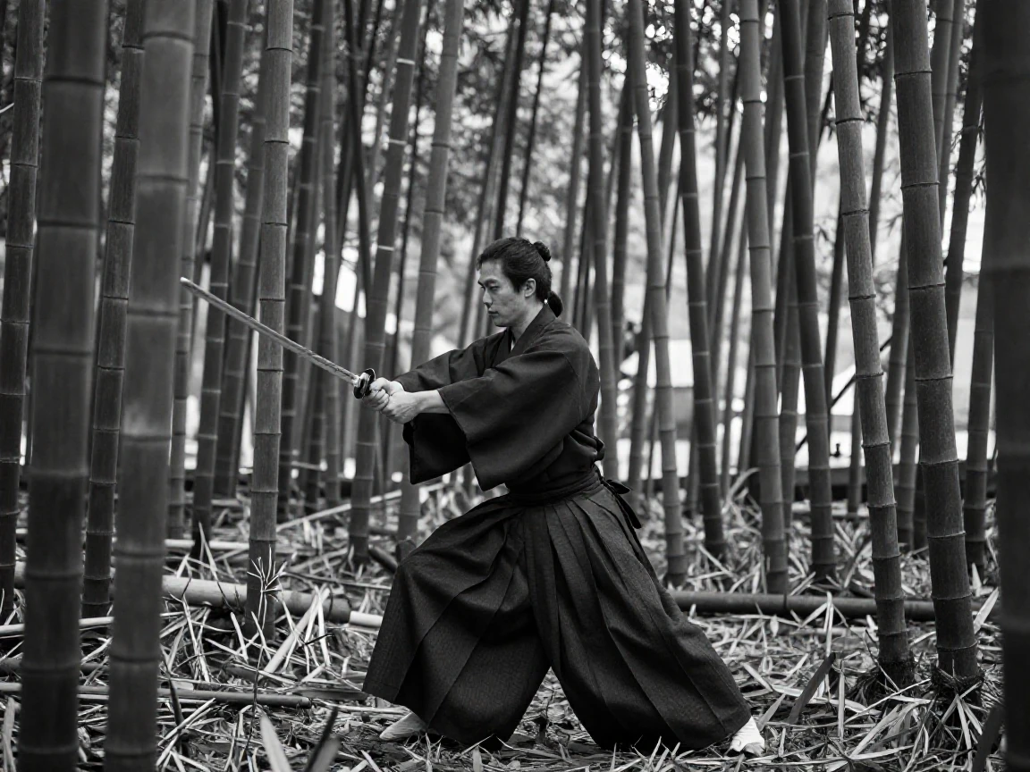 A samurai reenactor practices a centuries-old sword technique in a quiet bamboo grove.