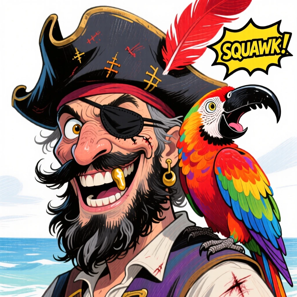 A parrot with vibrant rainbow feathers perched on a pirate's shoulder, squawking loudly.