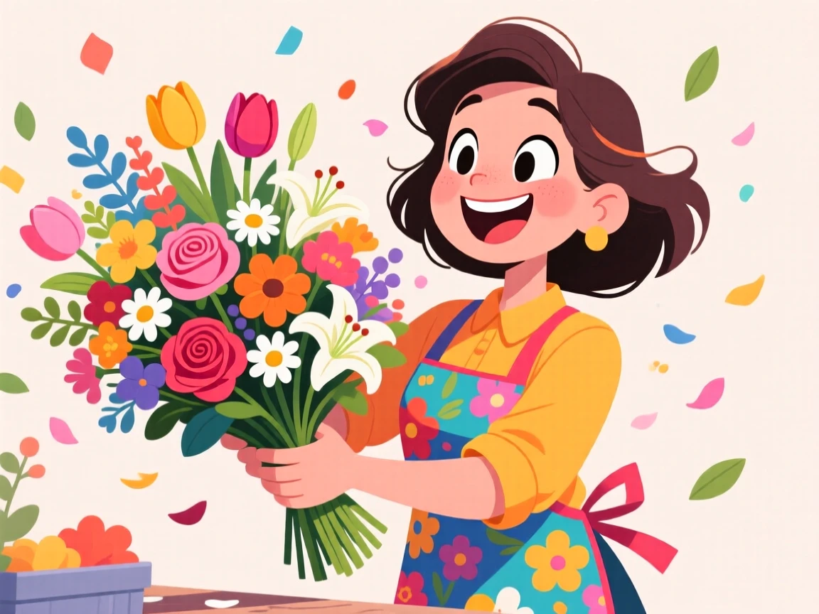 A vibrant profession-themed portrait of a passionate florist arranging an enormous bouquet, petals falling like confetti around her.