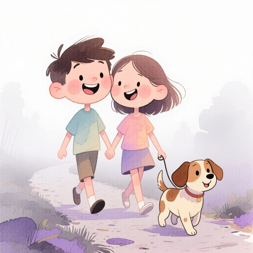 Two best friends turned sweethearts walking a dog together along a foggy trail