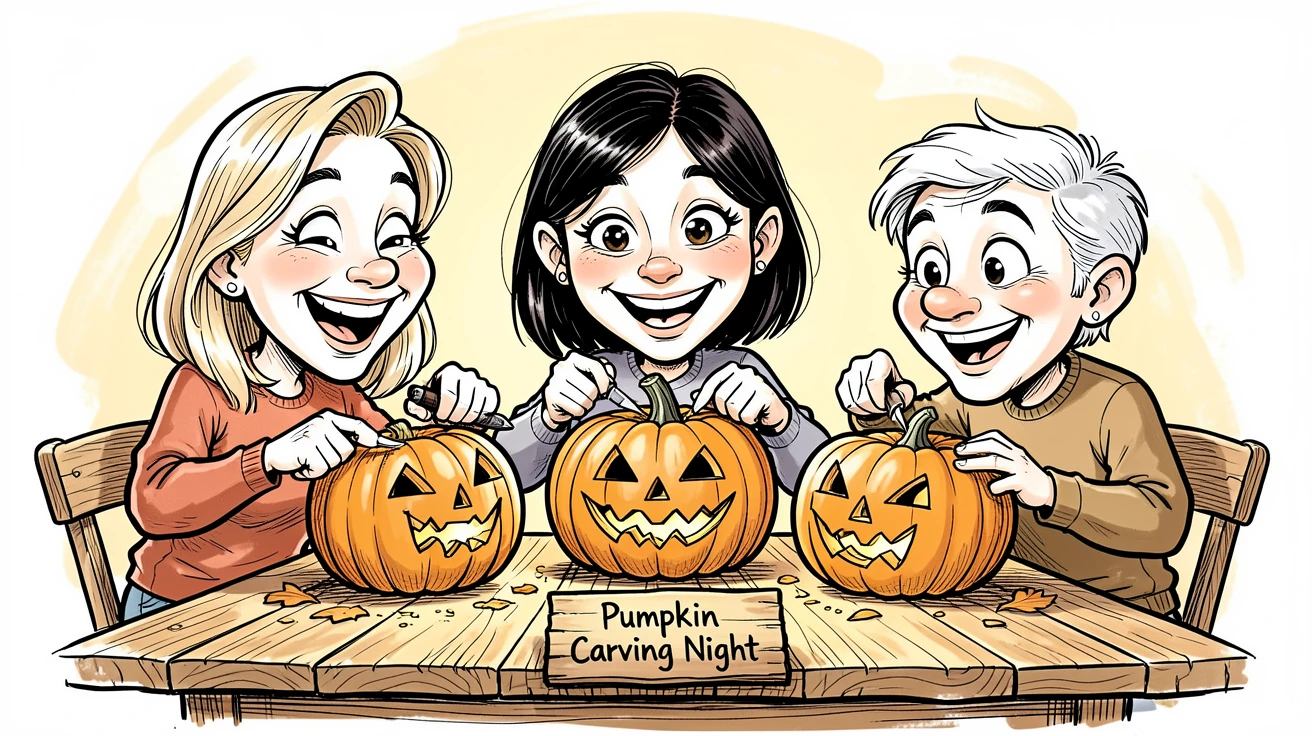 [Family & Relationship Moments] Heartwarming scene of a family carving pumpkins together at a rustic wooden table, radiating love and warmth