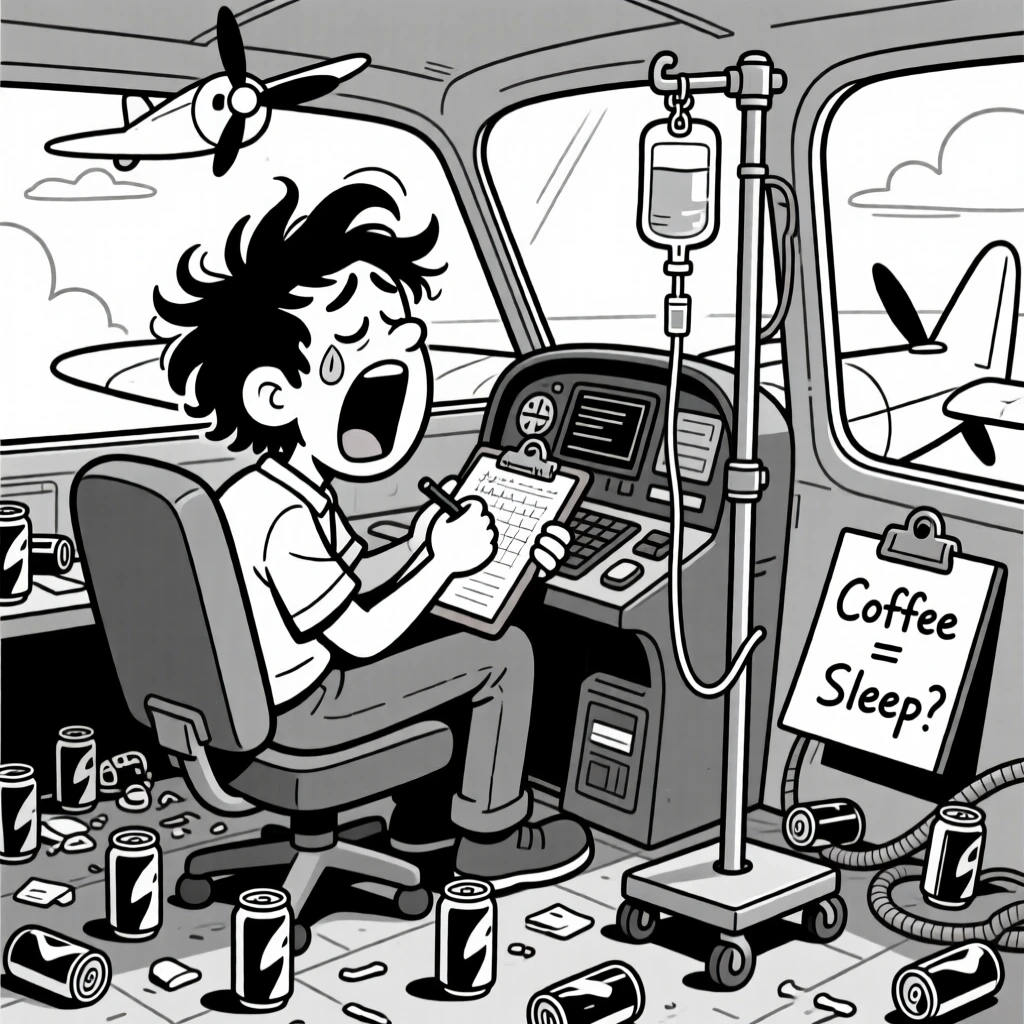 A tech-savvy programmer surrounded by energy drink cans, yawning enormously while charting notes, set in the cockpit of a small propeller plane. An IV pole rattles softly beside the bed. The scene celebrates the quiet heroism of everyday work.