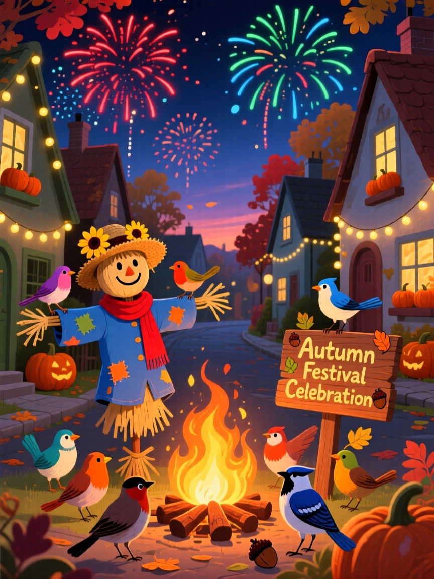 In a festive village street, a scarecrow and a flock of birds celebrate together by gathering around a bonfire on a crisp autumn evening, with fireworks bursting in the sky above.
