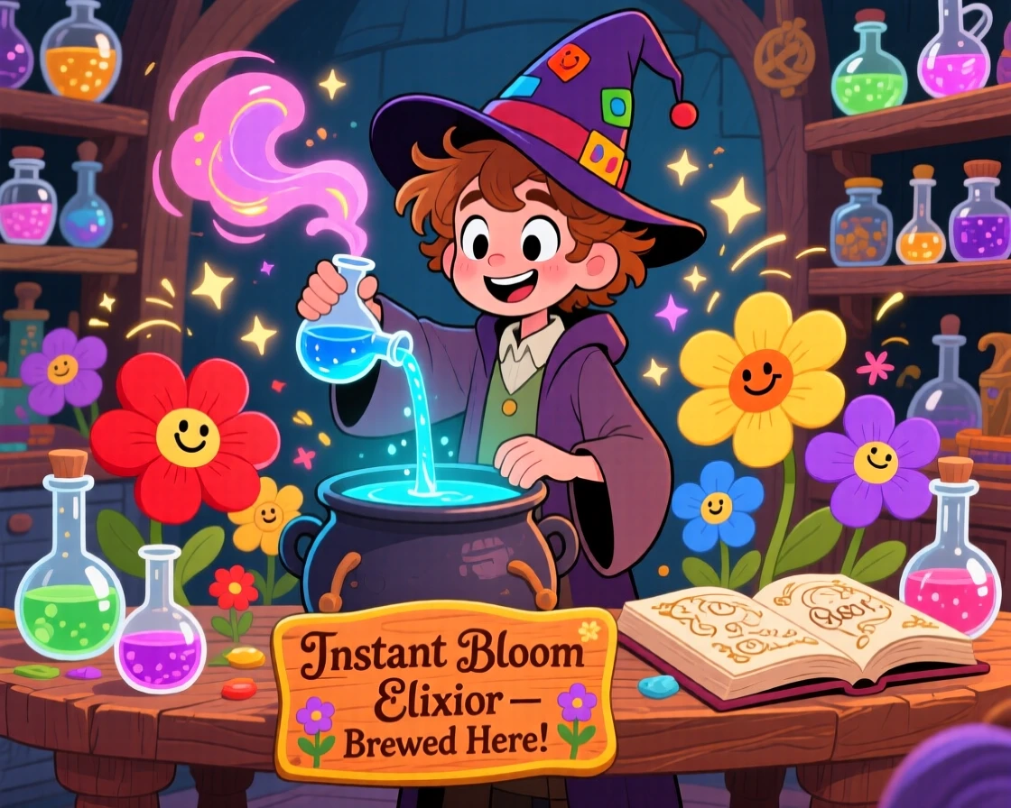 A young alchemist brewing a potion that makes flowers bloom instantly.