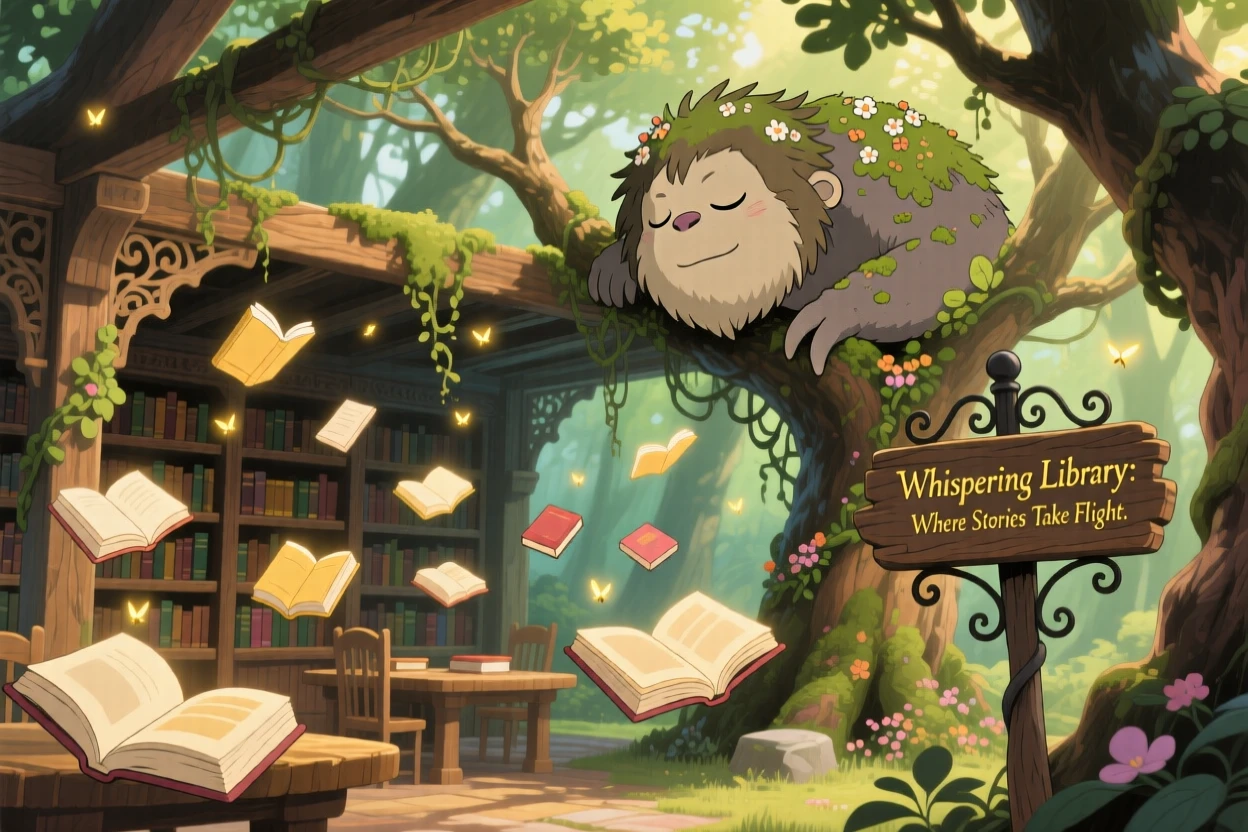 A library where books float open on their own, where a gentle giant resting among the treetops can be seen nearby, the atmosphere whimsical and joyful.