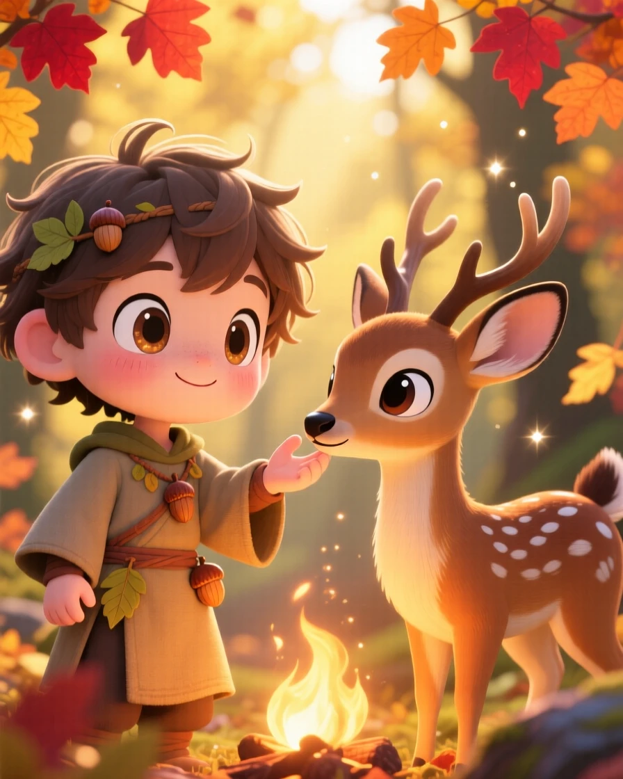 In a sunlit sacred grove, a young druid is speaking gently to a curious deer during golden autumn harvest season, bathed in cozy firelight, expression full of warm affection. Shot as an extreme close-up.