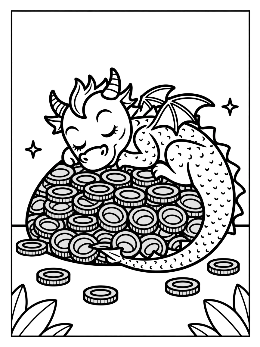 A dragon curled up asleep on a pile of golden coins
