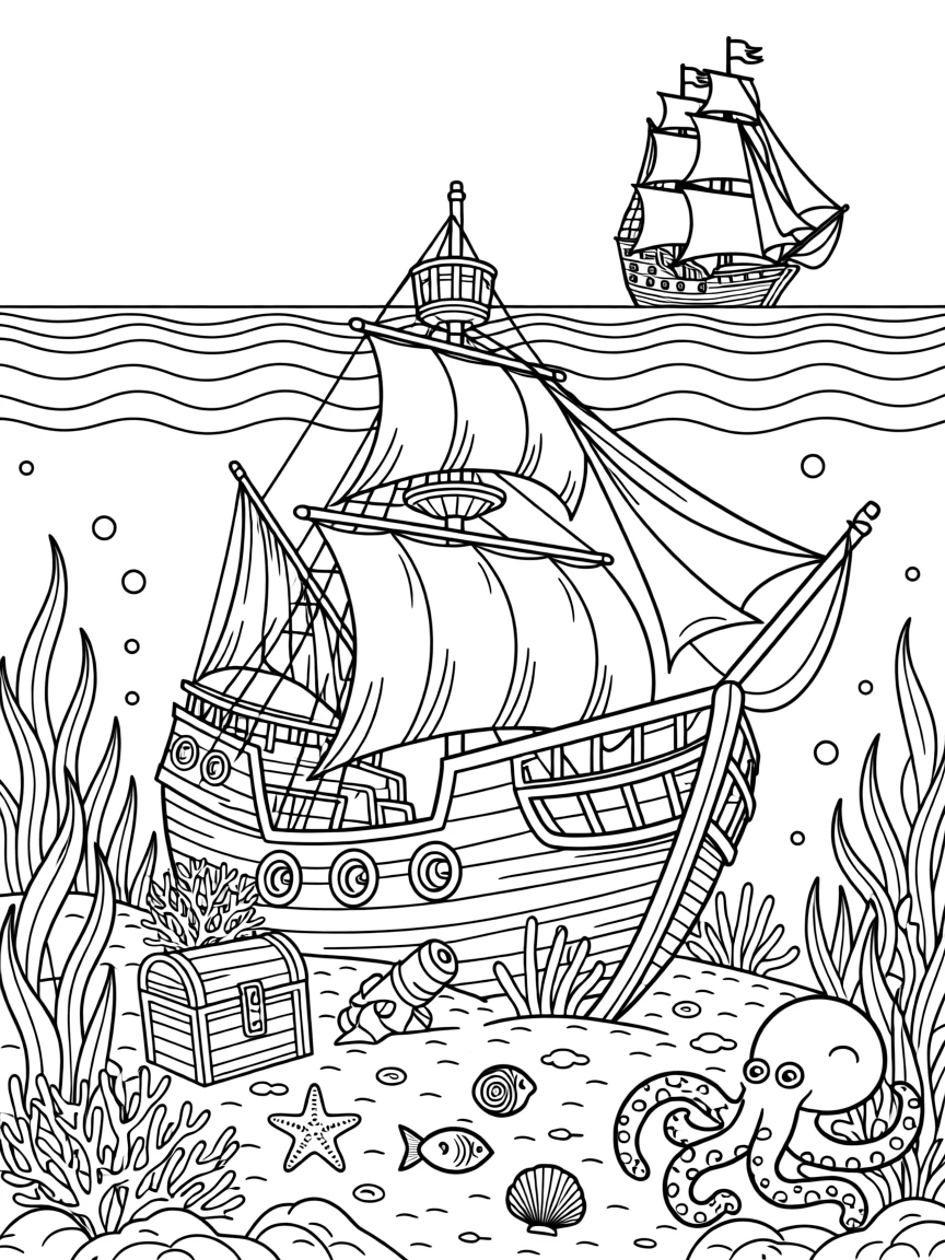 A sunken pirate ship covered in coral and seaweed, with a distant silhouette of a ship above the waves.