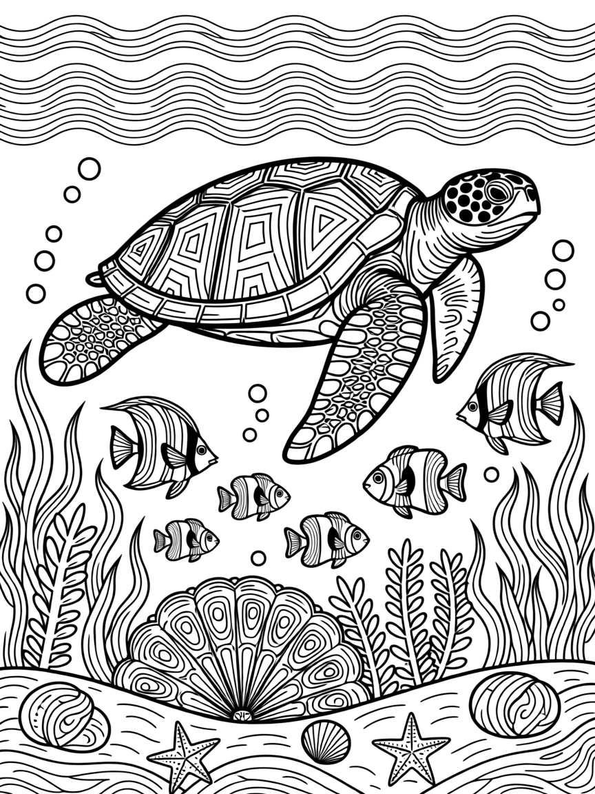 A sea turtle gliding over a coral reef surrounded by tropical fish.