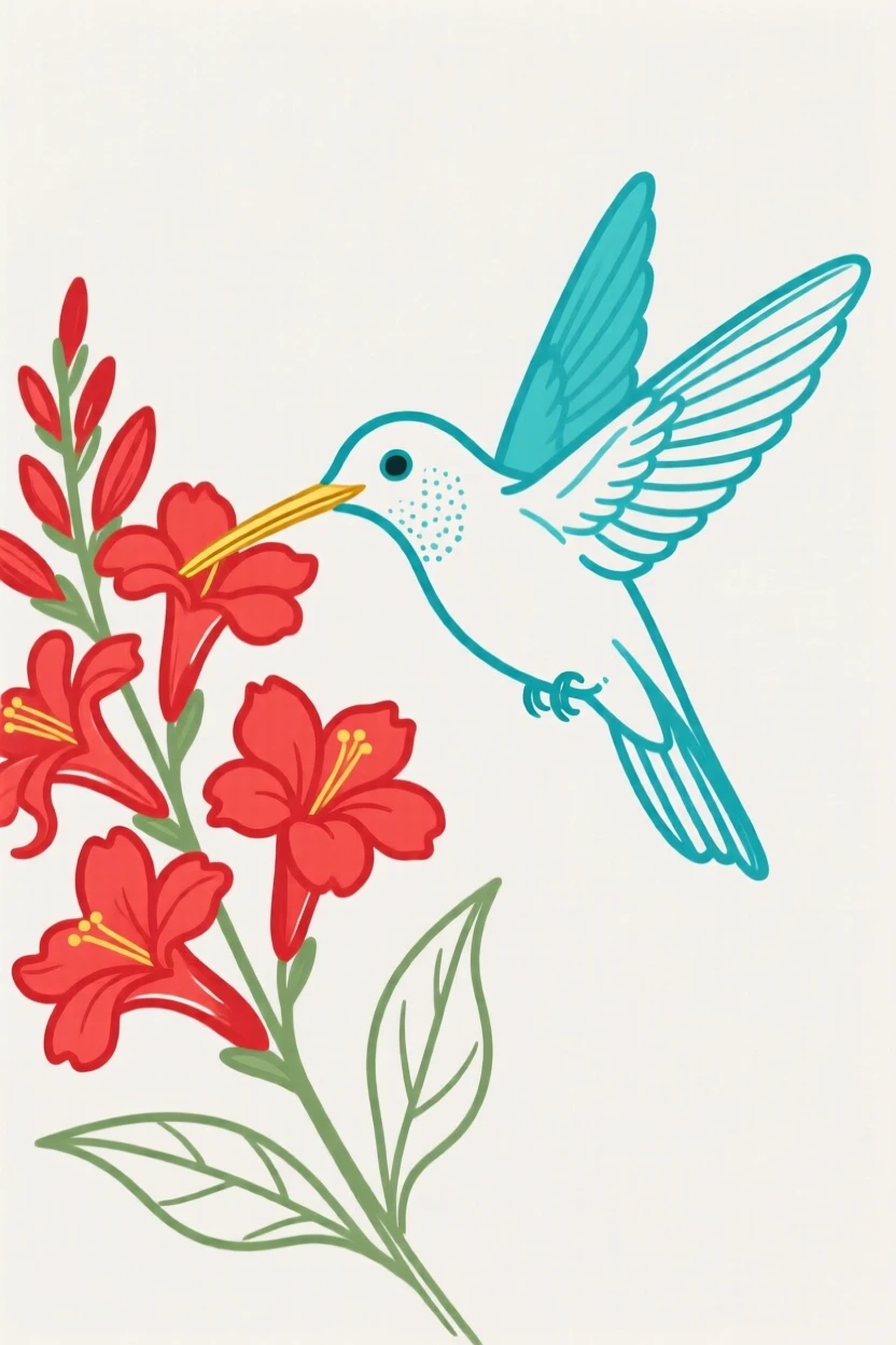 A hummingbird feeding at a cluster of red flowers.