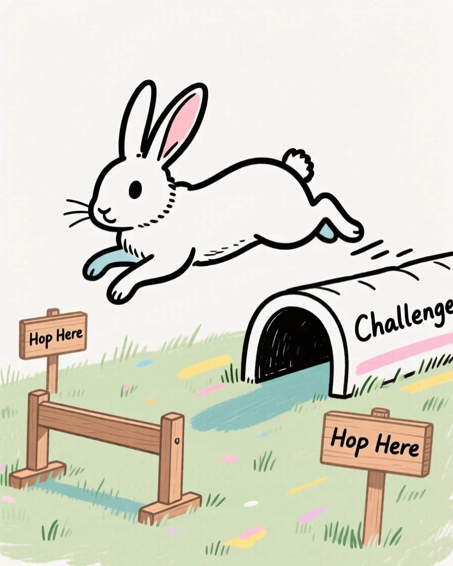 A pet rabbit hopping through a small backyard obstacle course.