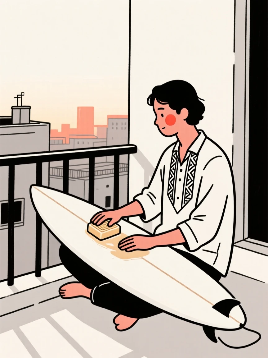 A surfer of moroccan heritage waxing a board at dawn, resting in calm stillness, on a city balcony at night.