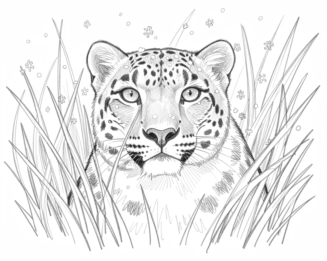 An adorable close-up of a majestic snow leopard peeking out from tall autumn grass, with snowflakes settling on its fur.