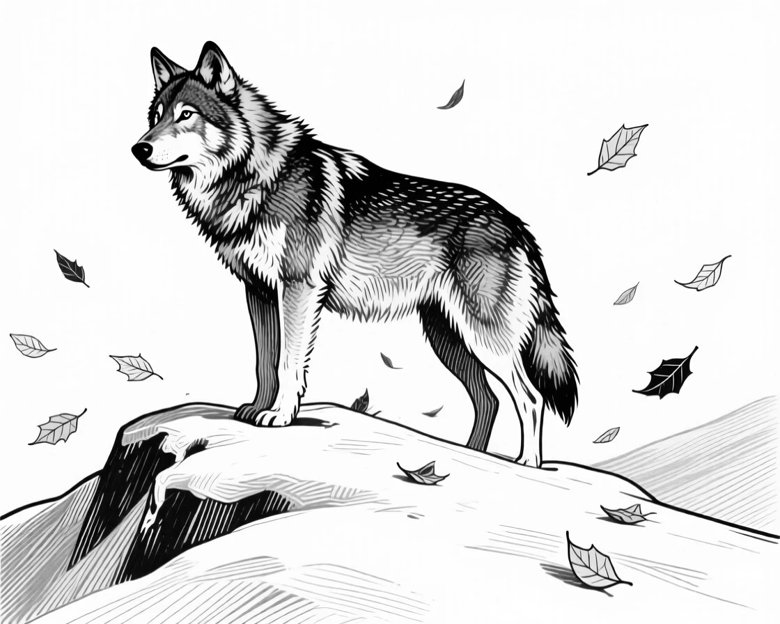 A wandering wolf on a snow-covered ridge, surrounded by falling leaves, capturing a calm and dignified moment in nature with a strong, centered focal point.
