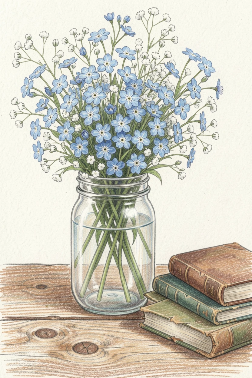 A bouquet of forget-me-nots and baby's breath in a mason jar, resting on a rustic wooden table beside vintage books, celebrating nature's delicate artistry.
