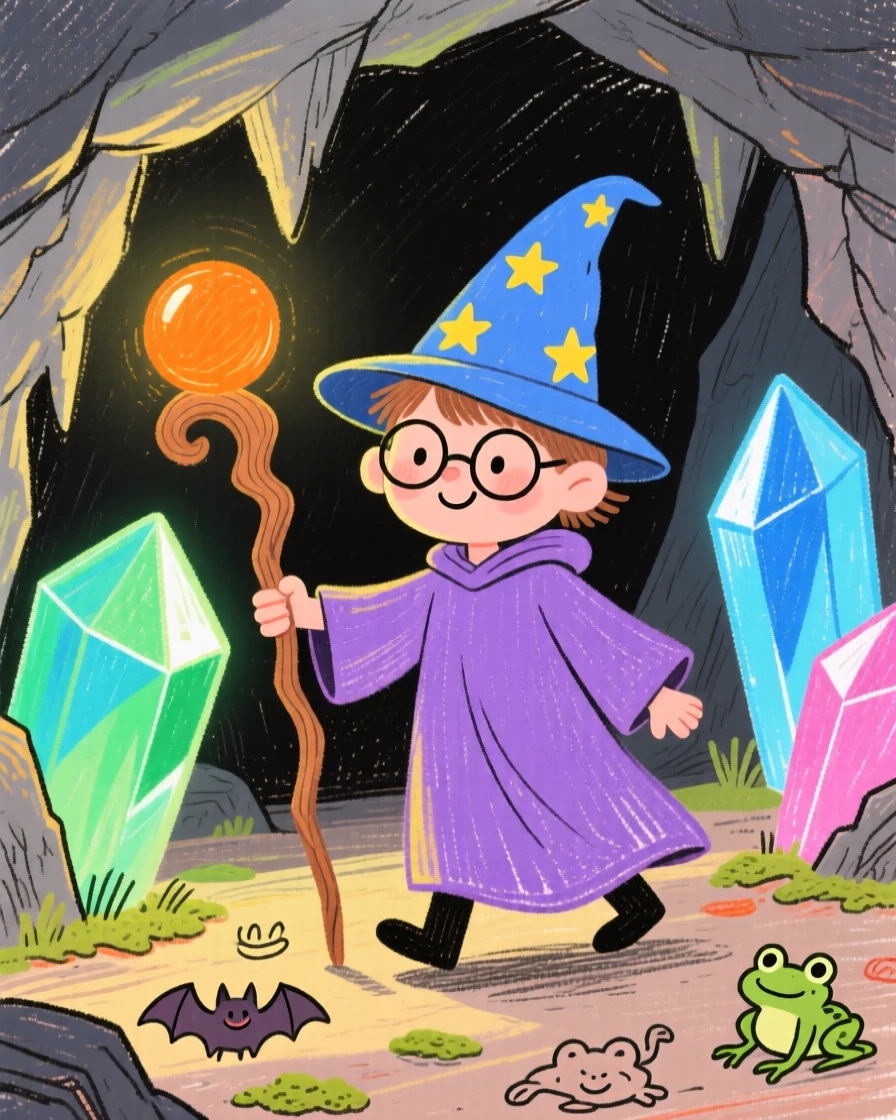 A wandering wizard exploring a cave lit by glowing crystals.