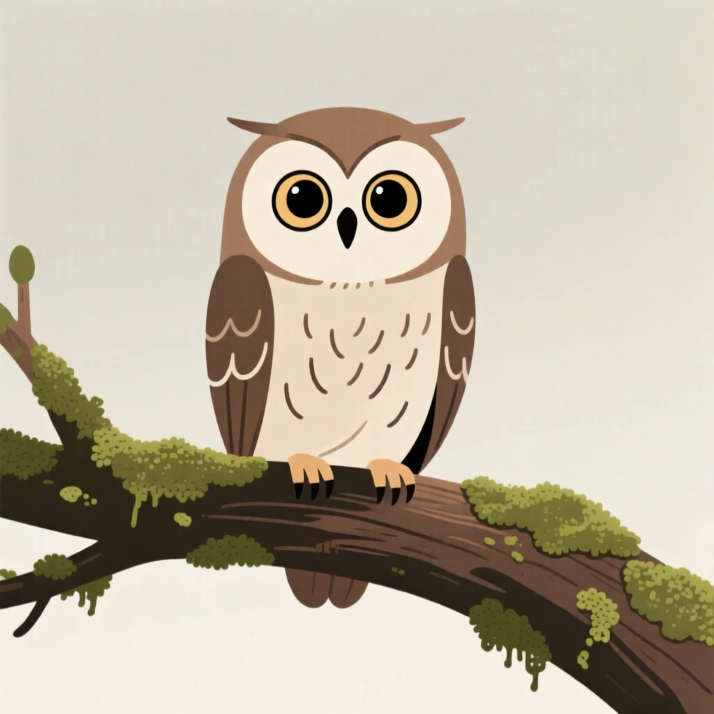A curious owl perched on a mossy tree limb, staring directly at the viewer.