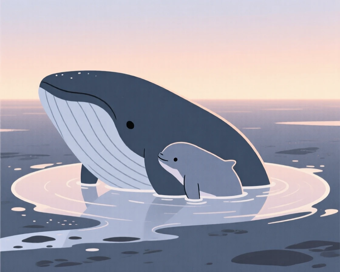 A humpback whale and its young settling in as the light fades together in a tide pool at low tide, expressing protective warmth.