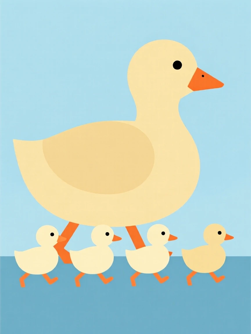 A group of ducklings following their mother