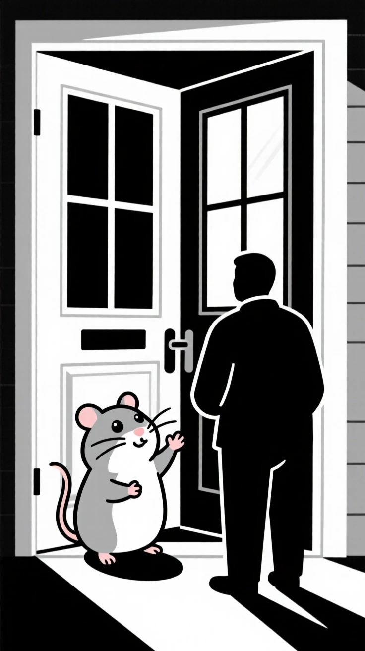 A tiny hamster greeting its owner at the front door.
