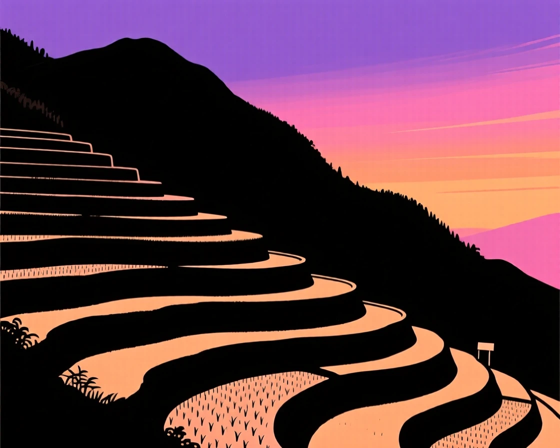 Terraced farmland climbing up a steep green mountainside.