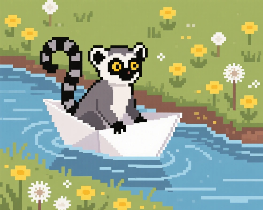 A wide-eyed lemur riding a paper boat down a stream, in a meadow full of dandelions.