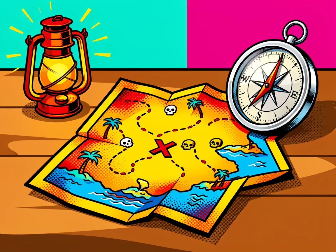 A treasure map spread across a table beside a compass and lantern