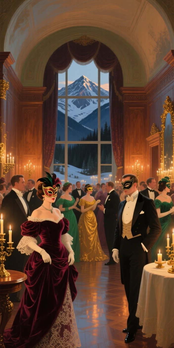 A centered composition of a masquerade ball in a candlelit grand hall, in the Canadian Rockies, in the 1950s.