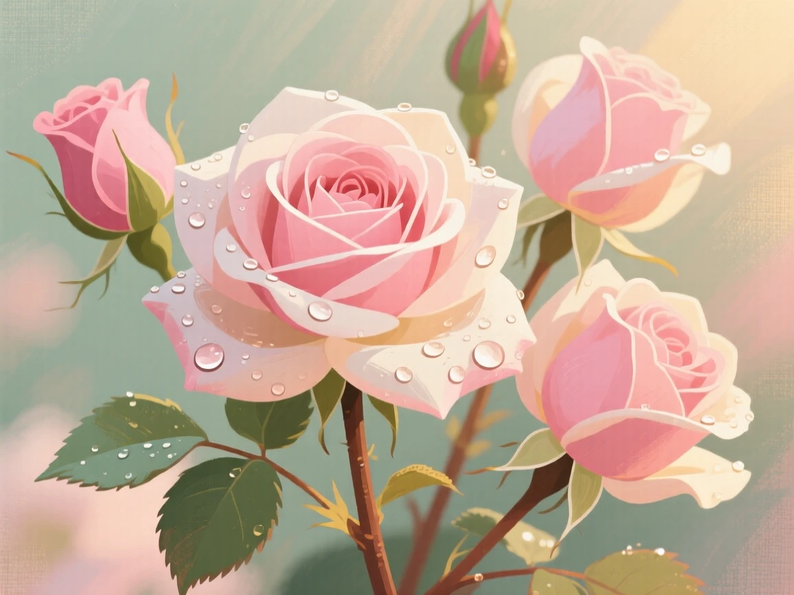 A close-up of dew-covered pink roses in full bloom