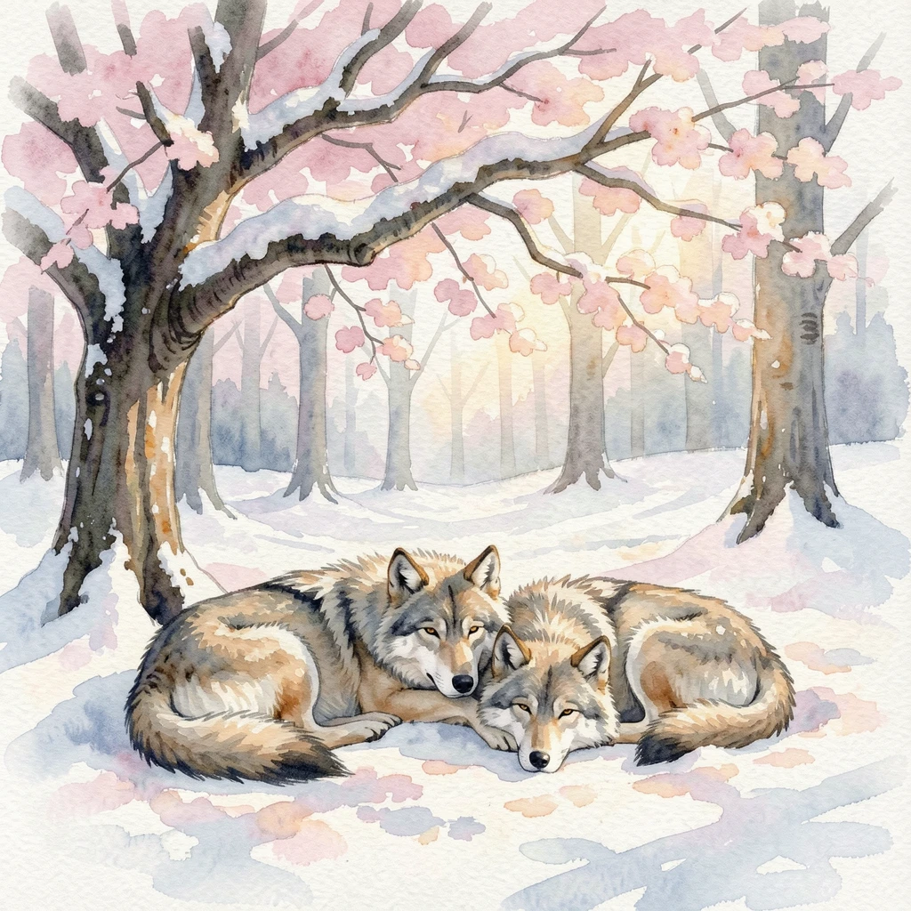A wolf pack in a snowy forest under a blooming cherry tree napping in a patch of sunlight.