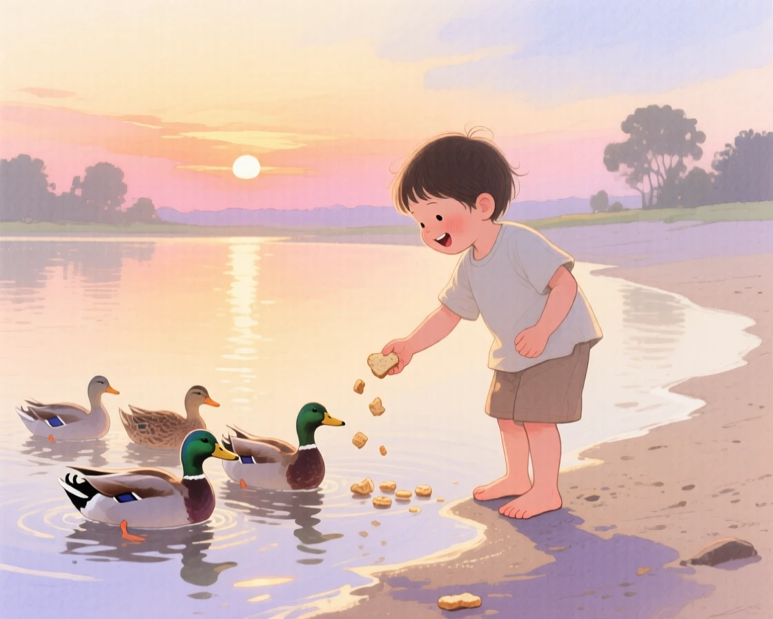 A barefoot child feeds ducks at a quiet pond on a quiet beach at sunset, laughter and joy filling the warm afternoon air
