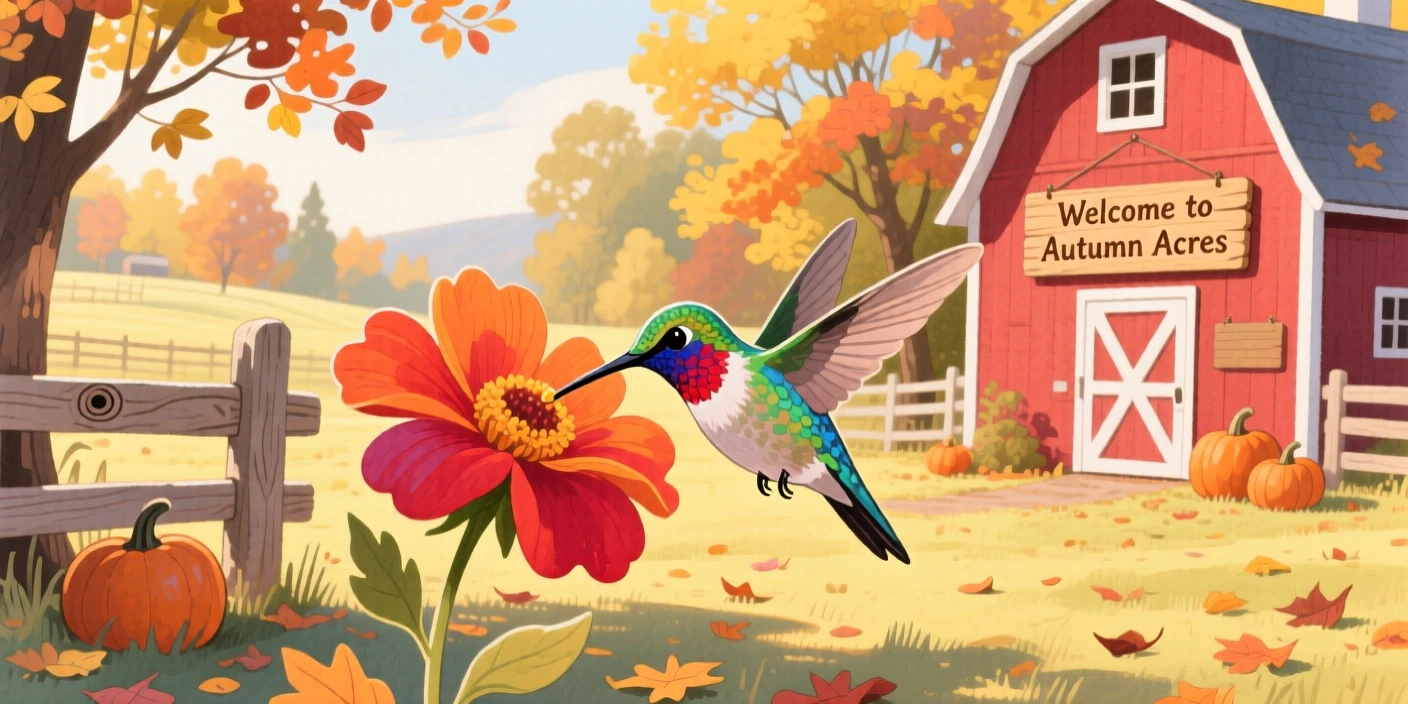 A hummingbird sipping nectar discovering something new in a sunlit farmyard on a crisp autumn afternoon.