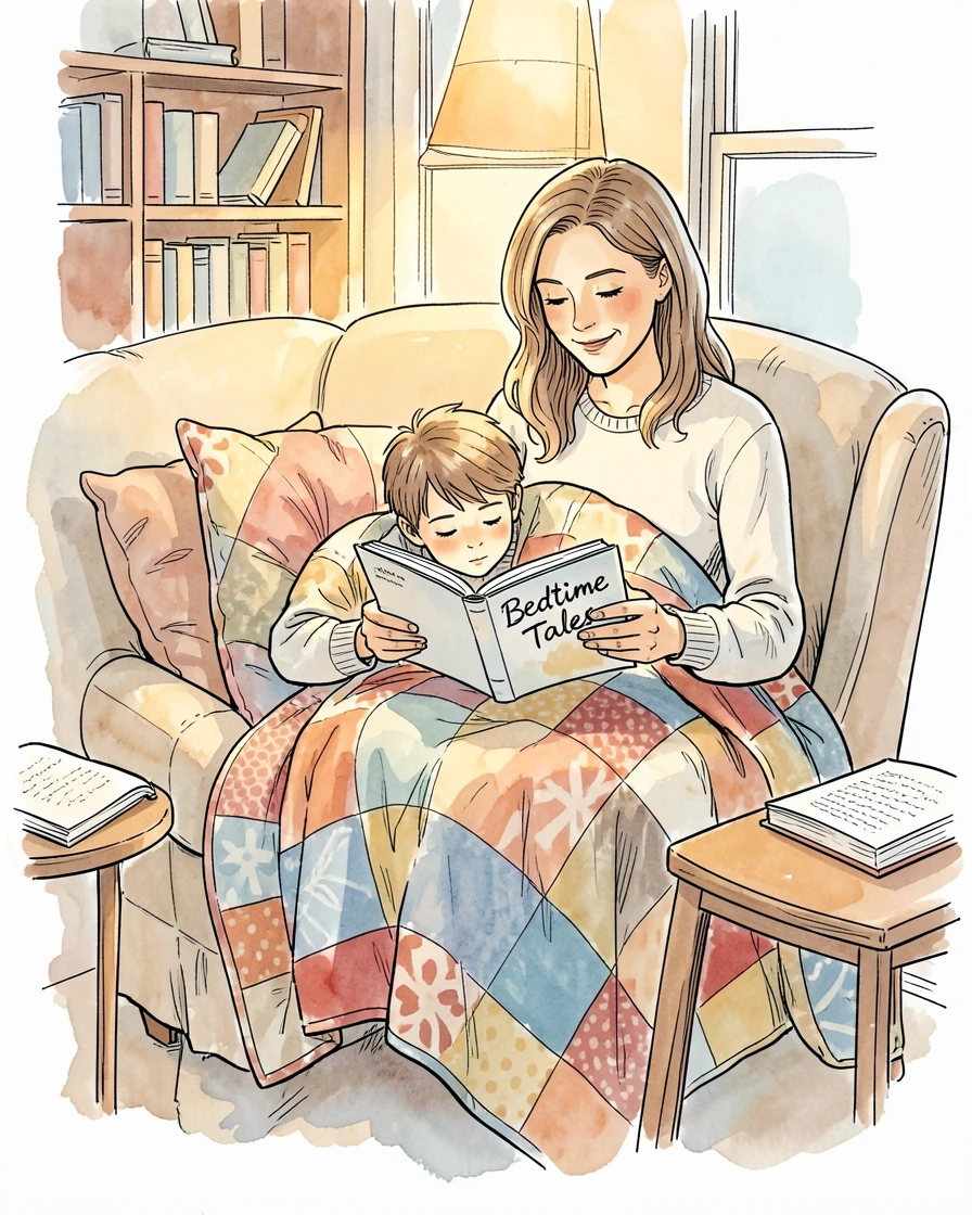 A mother reading bedtime stories to two children snuggled together under a quilt