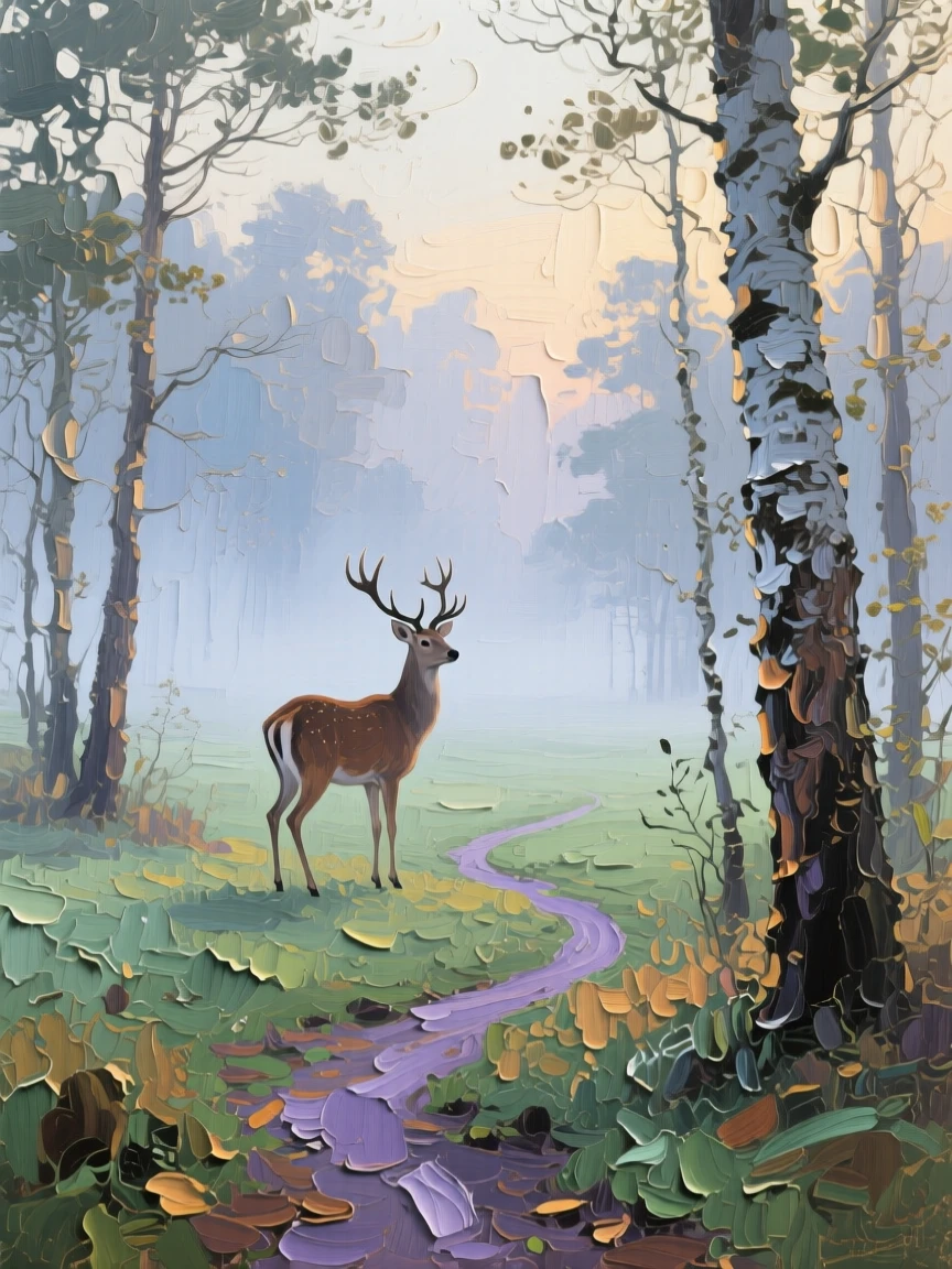 a deer standing at the edge of a quiet clearing, in early morning mist, composed along a natural leading line.