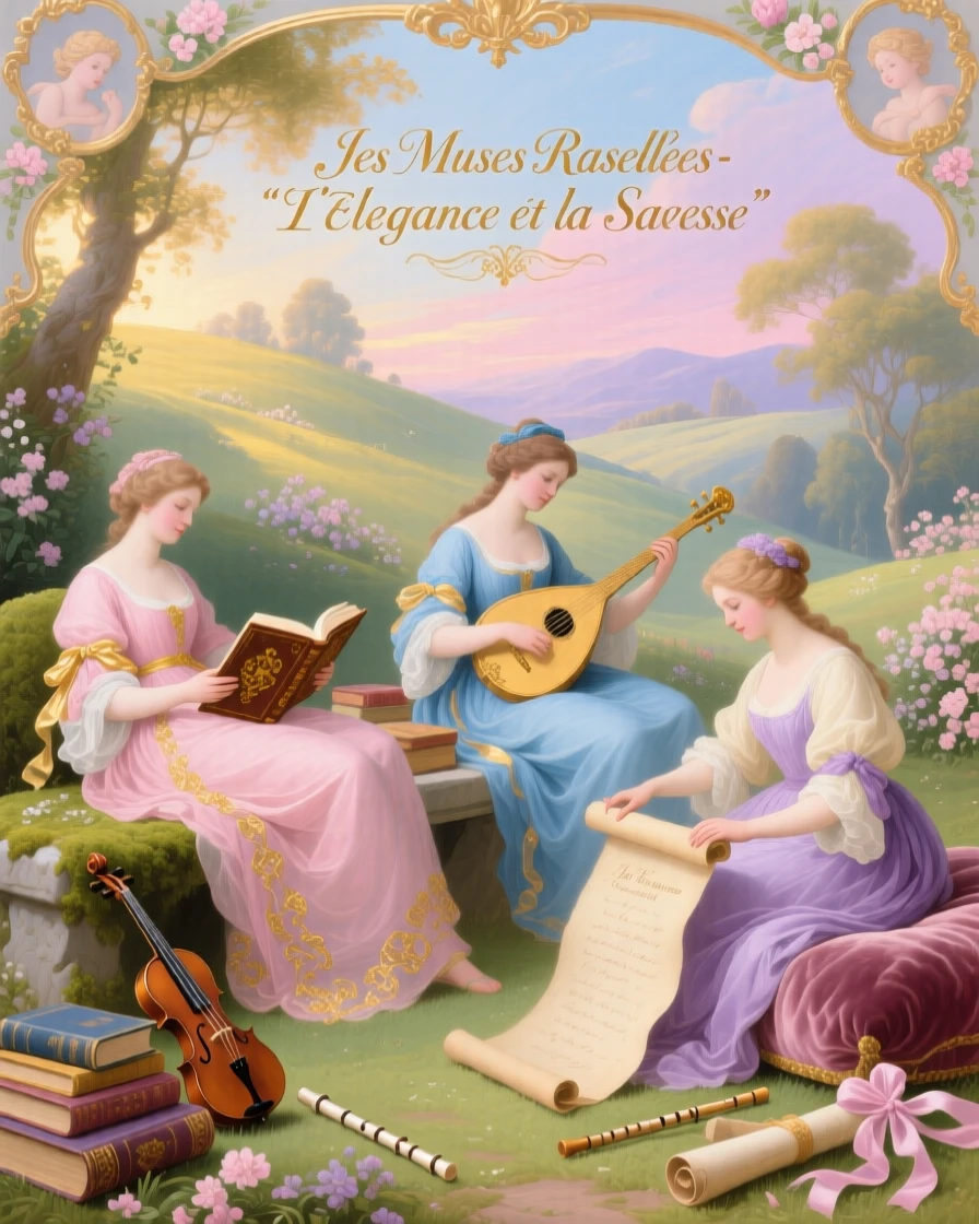 A gathering of muses in a hillside grove with books, instruments, and scrolls  