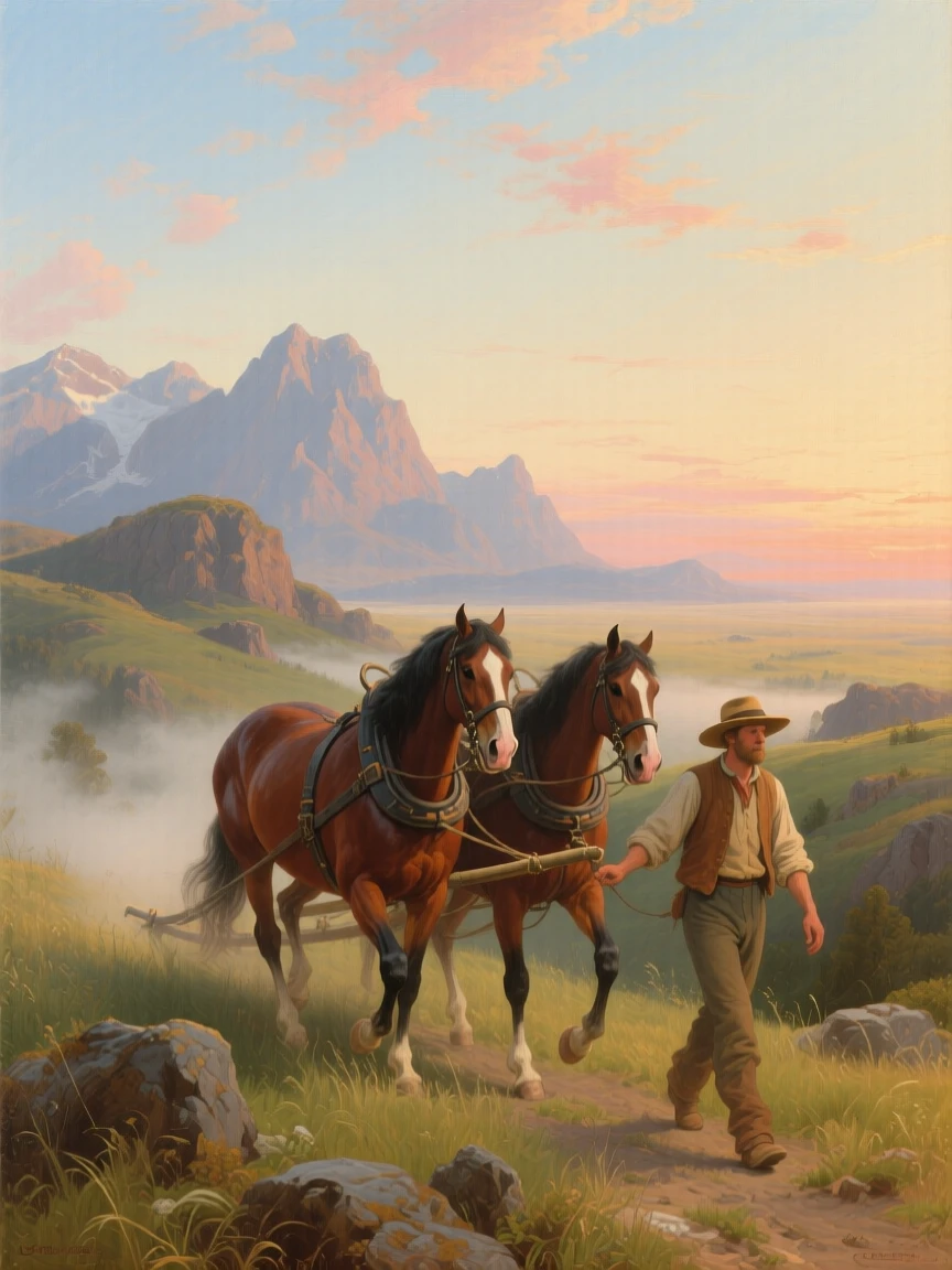 A farmer and his draft horses takes its first steps within a vast western range beneath a wide sky while morning mist clings to the grass.