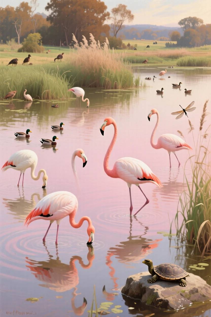 A flamingo flock wading through a shallow pink-hued lagoon, as the surrounding wildlife goes on undisturbed, highlighting the quiet majesty found in the natural world